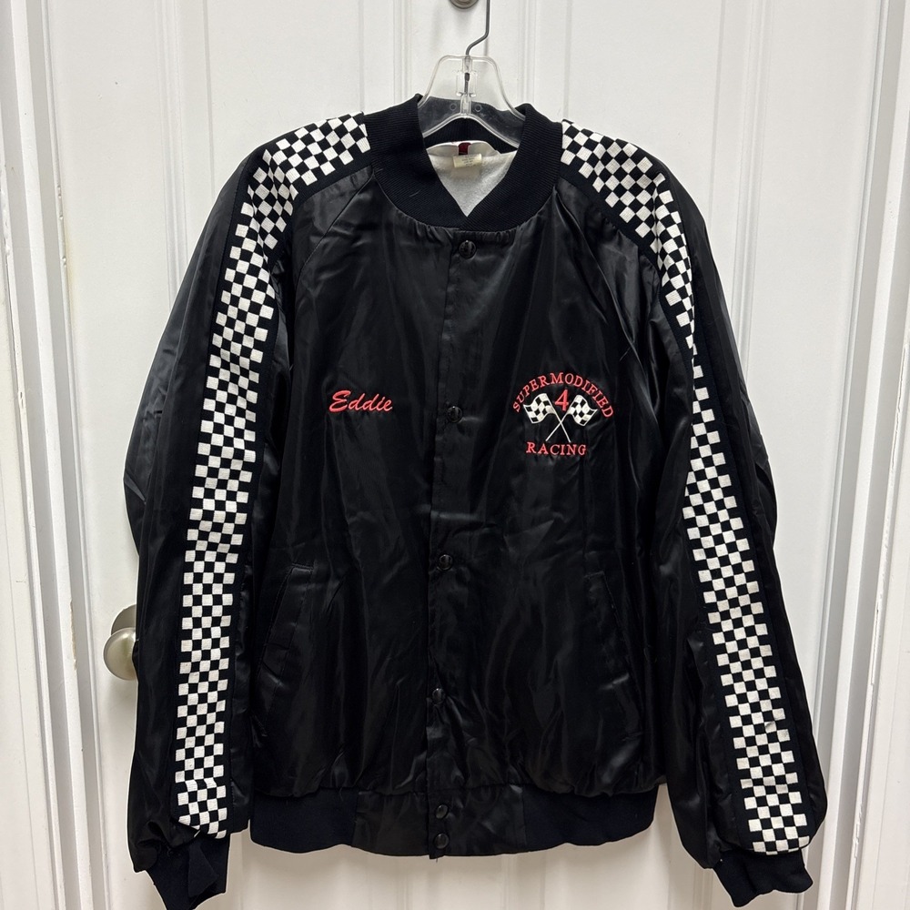 Vintage WestArk Joe Payne Jr Supermodified Racing Satin Bomber Jacket Black L